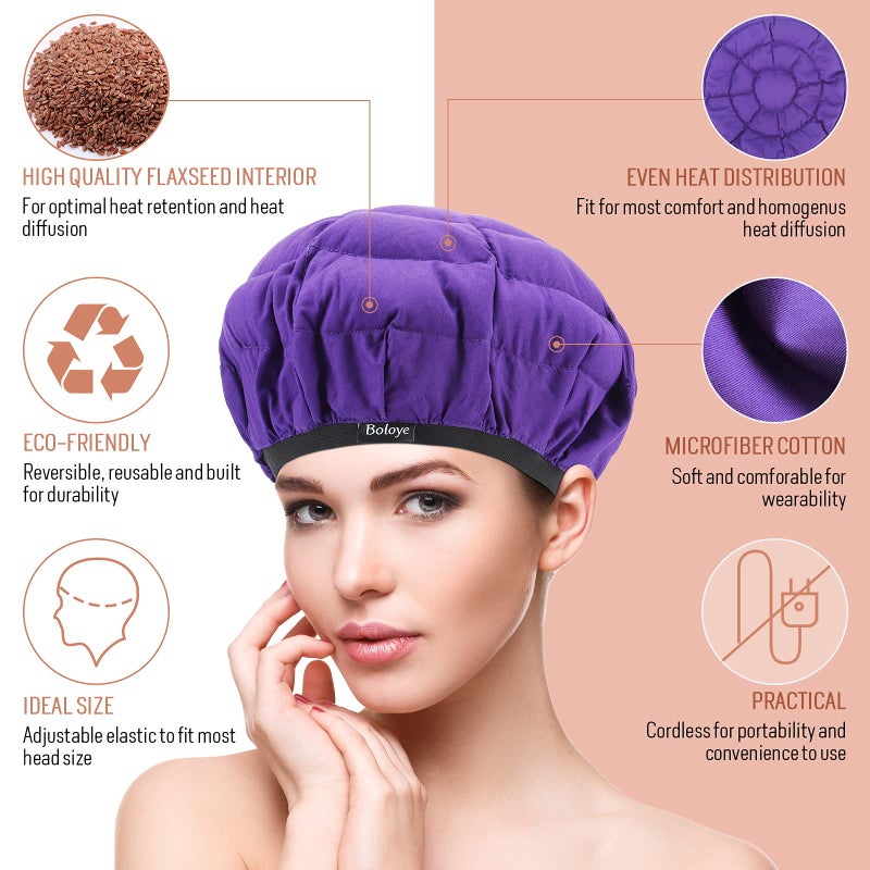 Boloye Flaxseed Deep Conditioning Heat Cap - Boloye Cordless 100% Safe Microwave Hot Cap for Natural Curly Textured Hair Care  Drying  Styling  Curling  Universal size (10 PCS One-time shower cap) (Purple) - Image 2